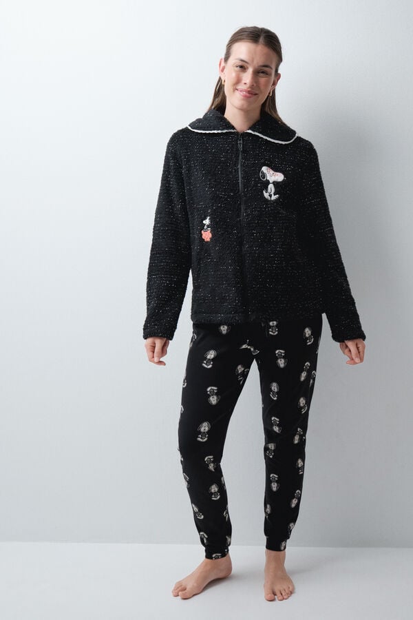Women'secret Crni kratki kućni ogrtač od ve&scaron;tačkog jagnjećeg krzna Snoopy Crna