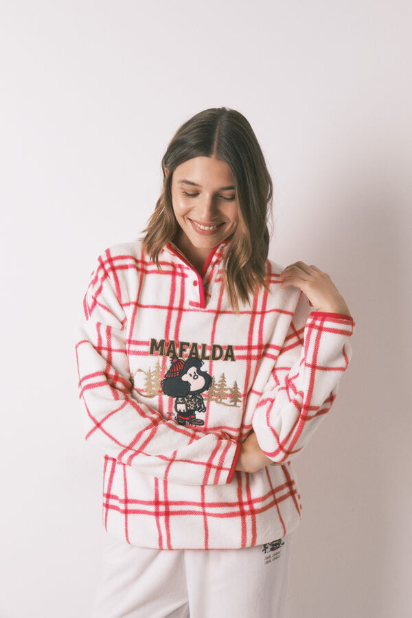 Women'secret Mafalda bela karirana dugačka flis duga pidžama Bež