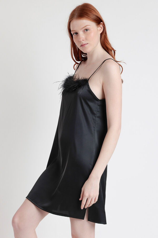 Admas Camisa de dormir de cetim com detalhe de plumas de marabu luxo preto