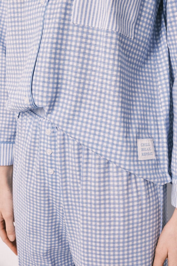 Women'secret Plava pamučna duga ko&scaron;ulja pidžama Vichy print Plava