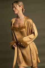 Admas Camisa de dormir de cetim com detalhe de penas de marabu de luxo amarelo