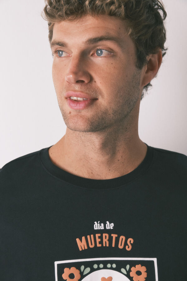 Women'secret Duga pidžama od 100% pamuka „Dan mrtvih“ u crnoj boji Crna