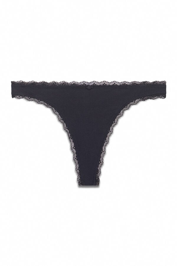 Women'secret Crne pamučne rebraste tanga gaćice Crna