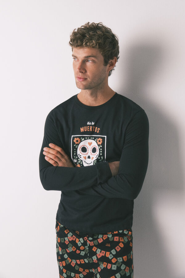 Women'secret Duga pidžama od 100% pamuka „Dan mrtvih“ u crnoj boji Crna