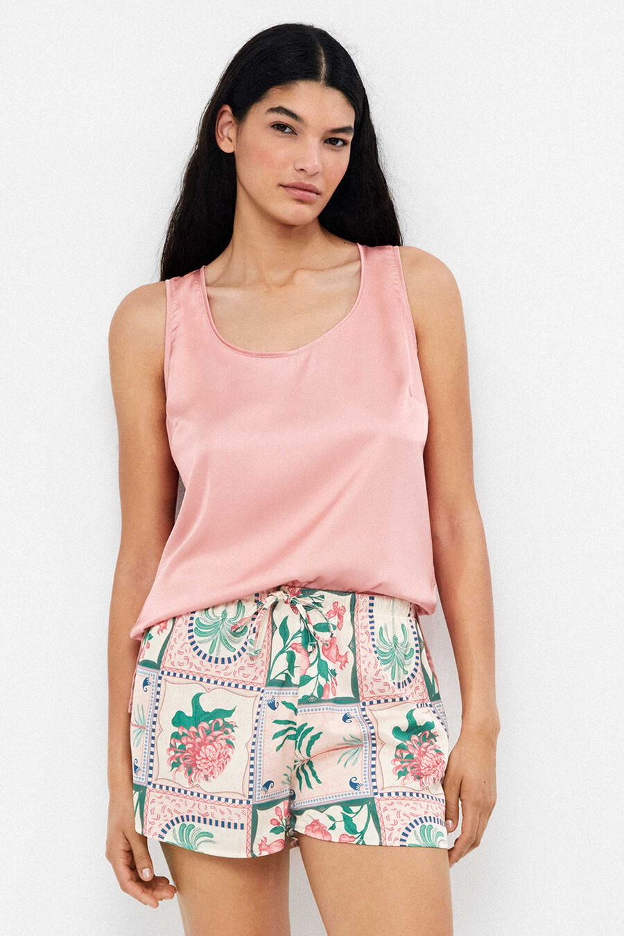 Short satén print mosaico floral