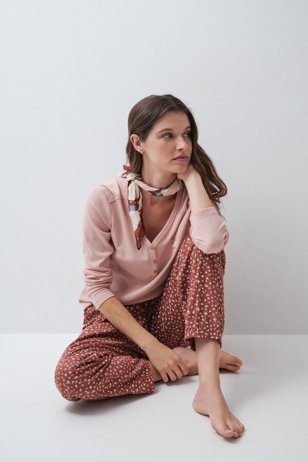 Women'secret Braon duge pantalone sa mini cvetnim printom Braon