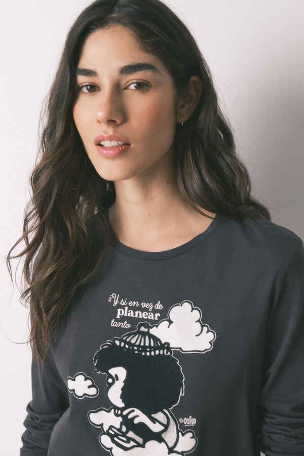 Women'secret Duga siva pamučna pidžama 100% s printom Mafalda Siva