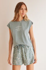Womensecret Kurzer Pyjama Blau 100 % Baumwolle Blumen-Print Blau