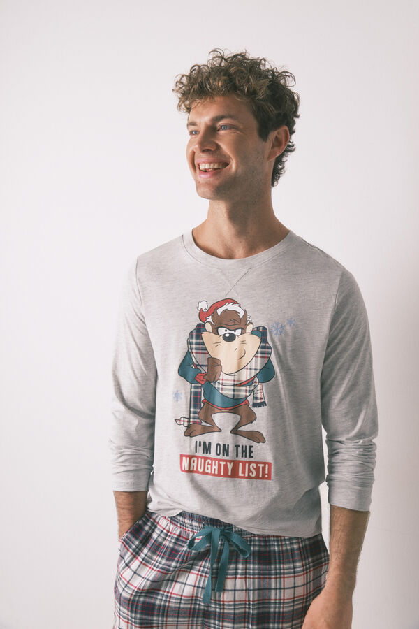 Women'secret Pijama largo hombre 100% algodón "Taz" gris