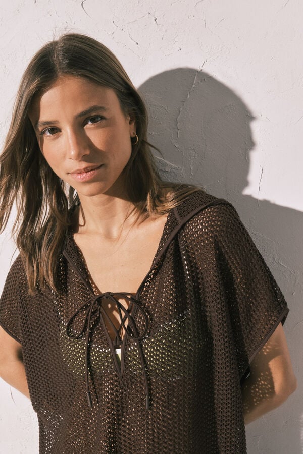 Women'secret Braon pletena kratka tunika sa kapuljačom Braon