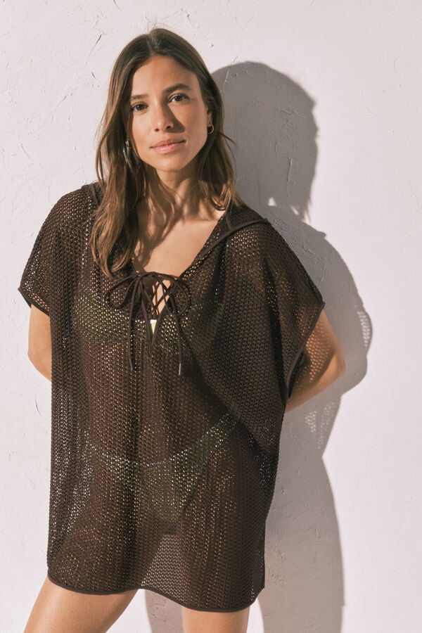 Women'secret Braon pletena kratka tunika sa kapuljačom Braon