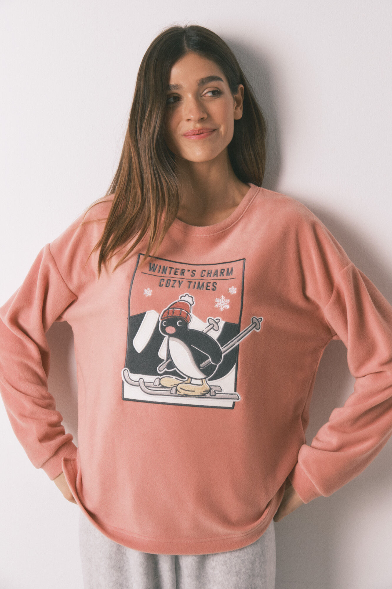 Women'secret Duga pidžama od mekog flisa, roze i siva Pingu