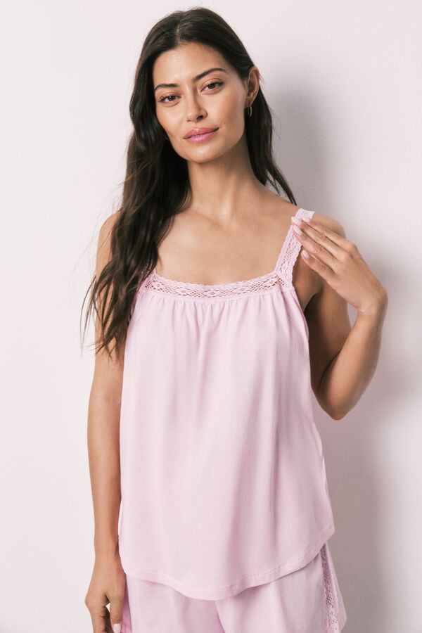 Women'secret Roze pamučna kratka pidžama sa čipkom Roze