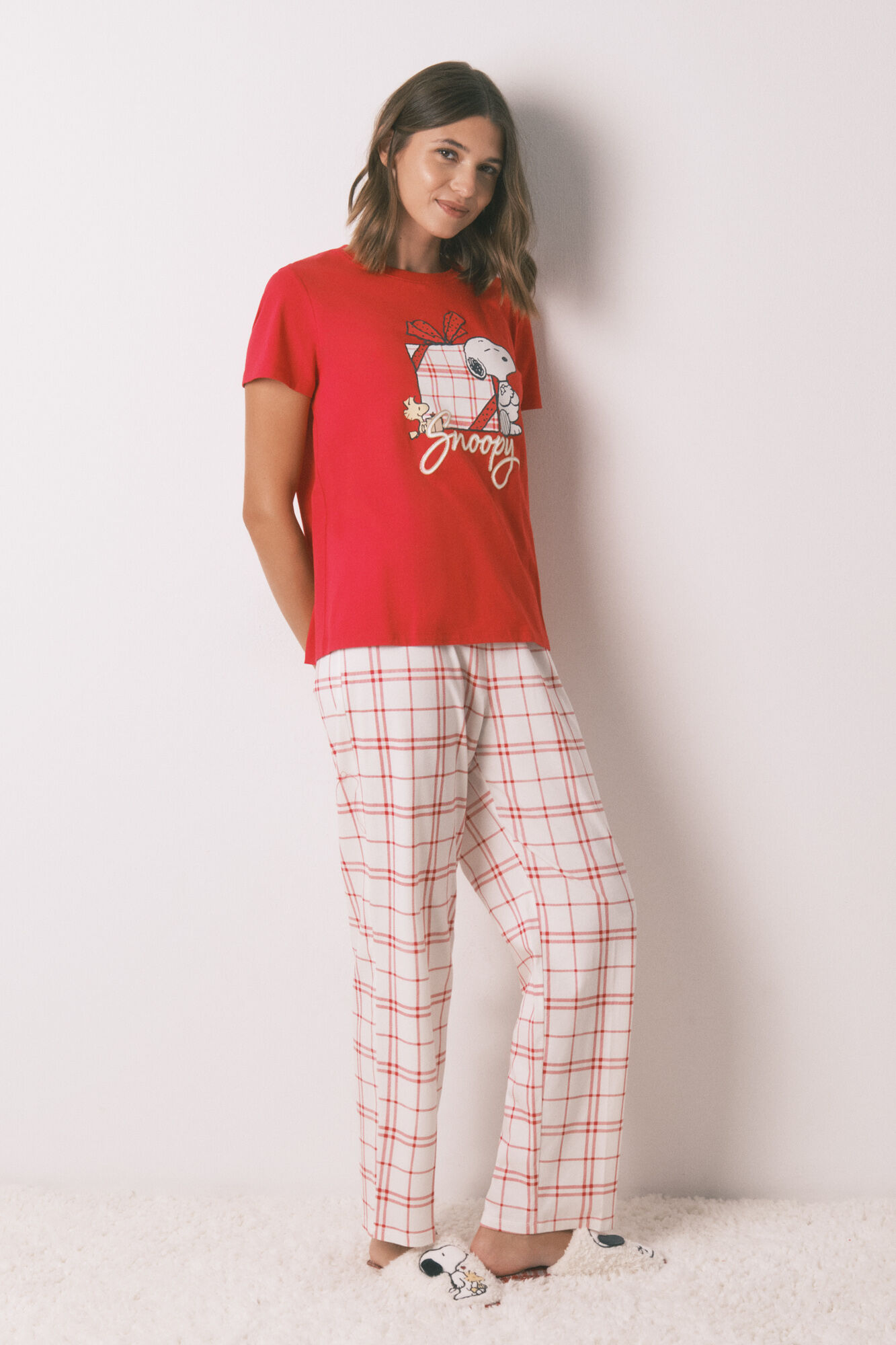 Women'secret Pijama largo 100% algod&oacute;n cuadros rojo Snoopy
