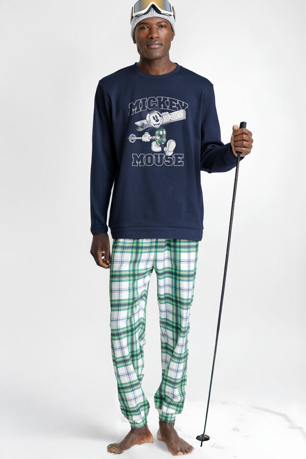 Admas Pijama largo felpa cuadros 100% algod&oacute;n Ski Mickey azul