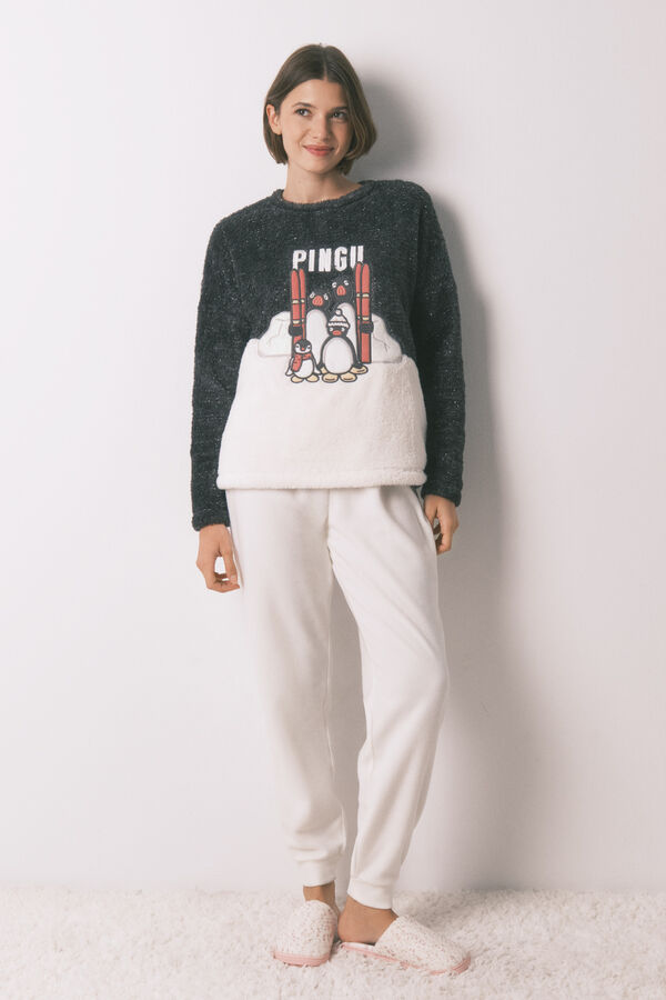 Women'secret Duga pidžama od flisa sa mekanim krznom i vezom Pingu Siva