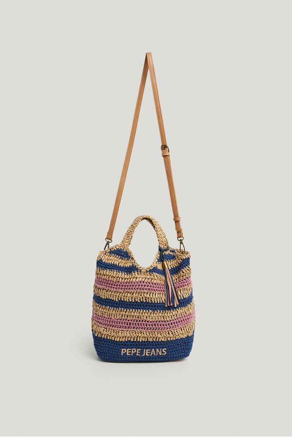 Pepe Jeans Striped raffia tote bag blue