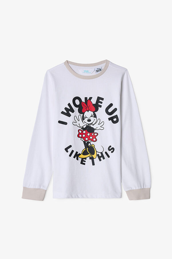 Penti Conjunto de pijama de manga comprida com estampado da Minnie Mouse para meninas, 2 peças branco