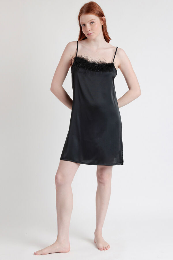 Admas Camisa de dormir de cetim com detalhe de plumas de marabu luxo preto