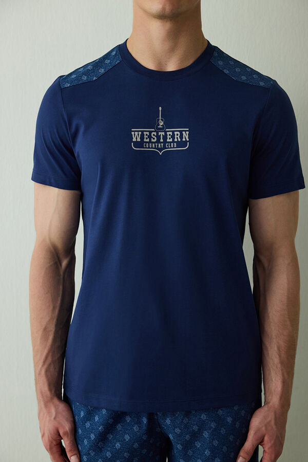 Penti Men's Western Slogan Short Sleeve Cotton Pajama Set blue