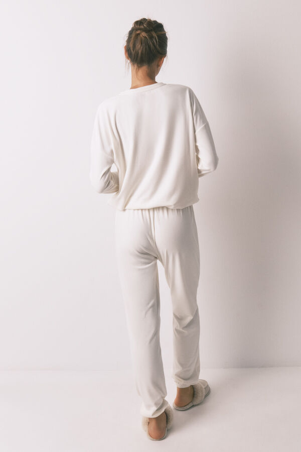 Women'secret Duga pidžama od mekog belog somota sa &scaron;ljokicama Bež