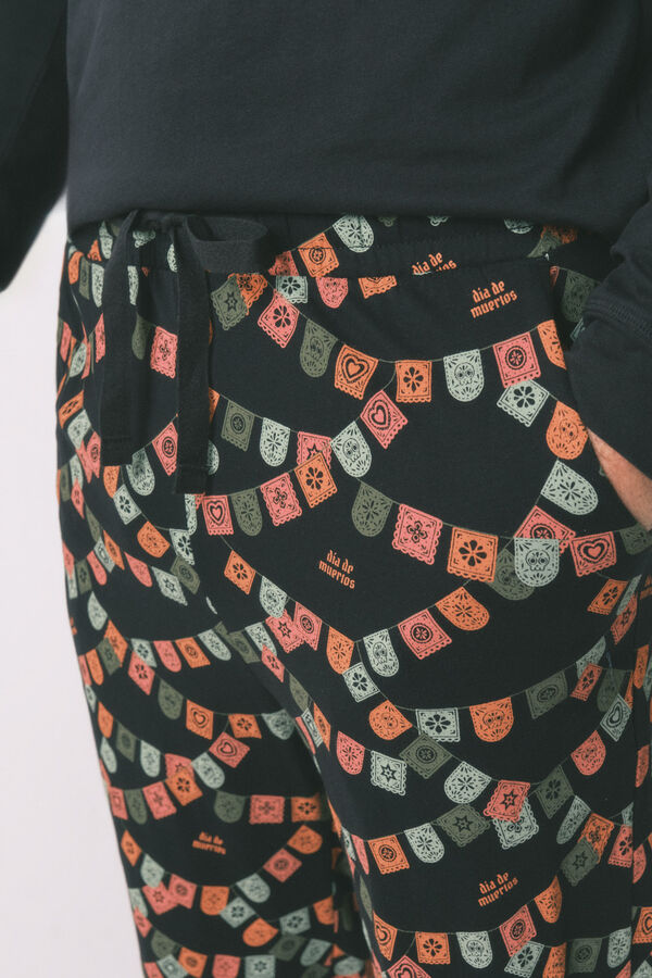 Women'secret Duga pidžama od 100% pamuka „Dan mrtvih“ u crnoj boji Crna