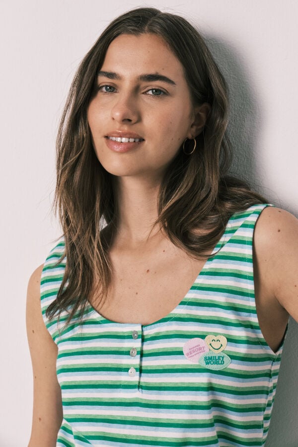 Women'secret Zelena pamučna kratka pidžama na pruge sa bretelama SmileyWorld&reg; Print
