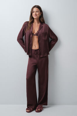 Pijama largo camisero satinado granate