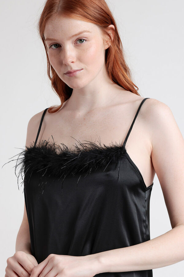 Admas Camisa de dormir de cetim com detalhe de plumas de marabu luxo preto