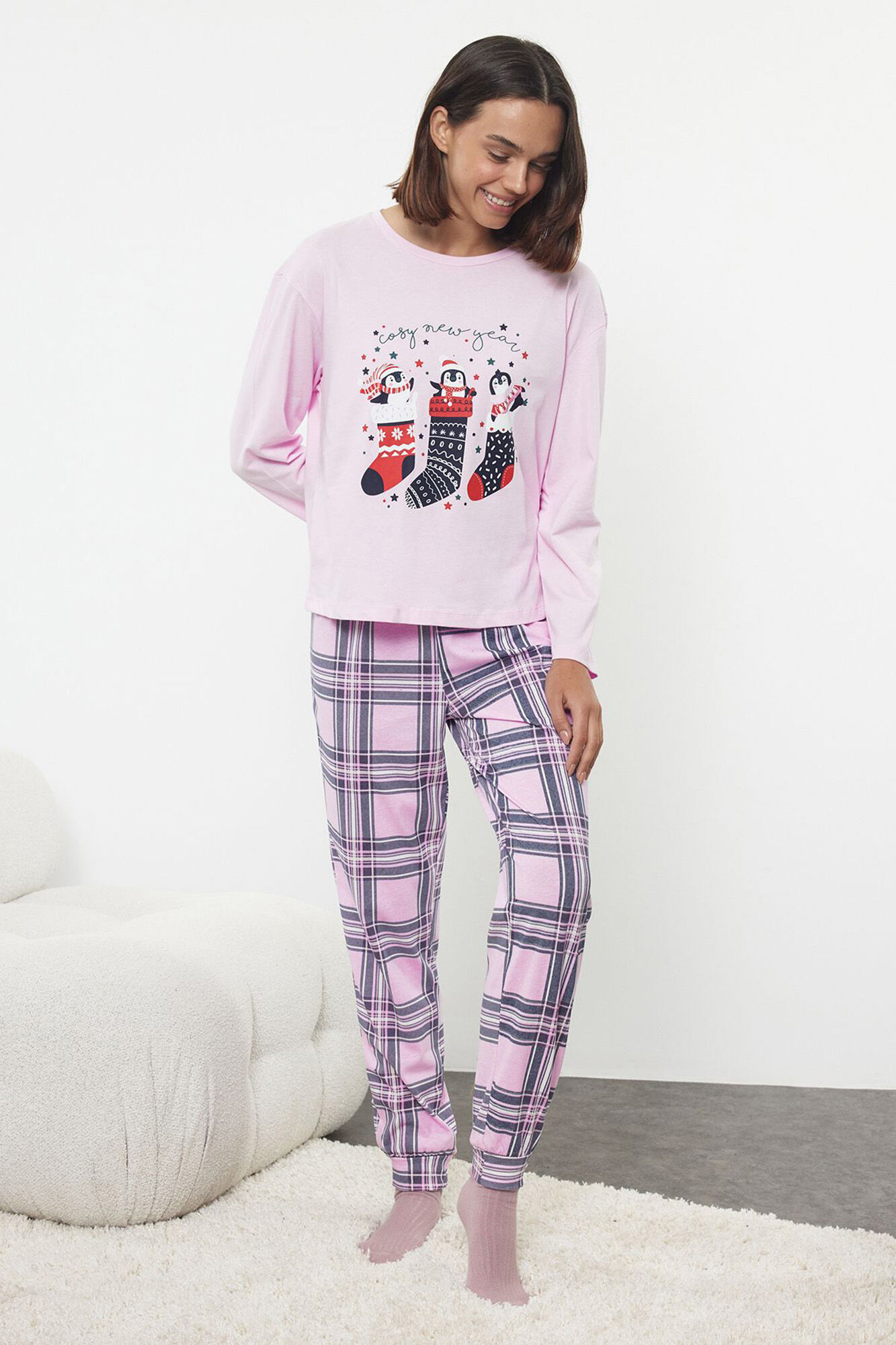 Trendyol Conjunto de pijama de Natal xadrez rosa