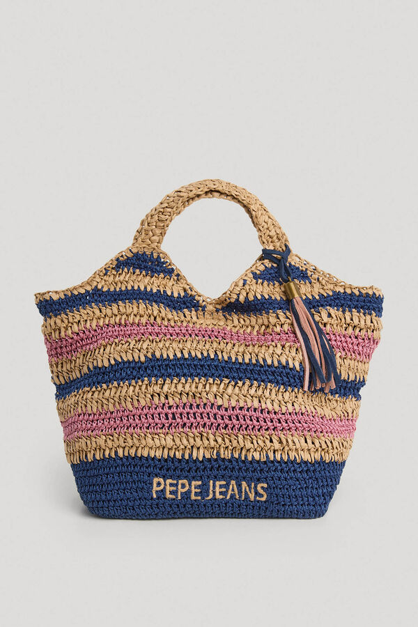 Pepe Jeans Striped raffia tote bag blue