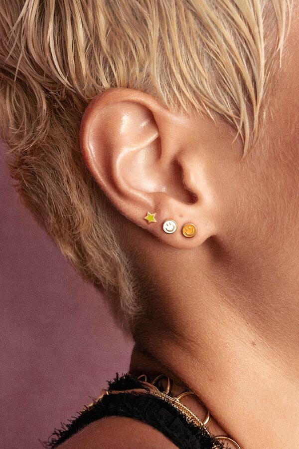 Singularu Pendiente Suelto Smiley Yellow Enamel Plata Ba&ntilde;o Oro amarillo