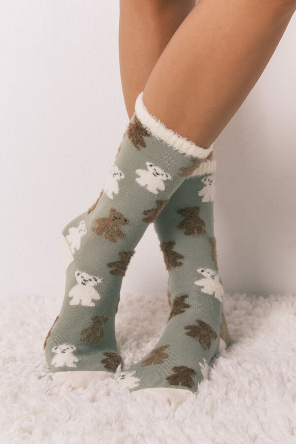 Women'secret Duge čarape sa printom medveda teksture krzna Zelena