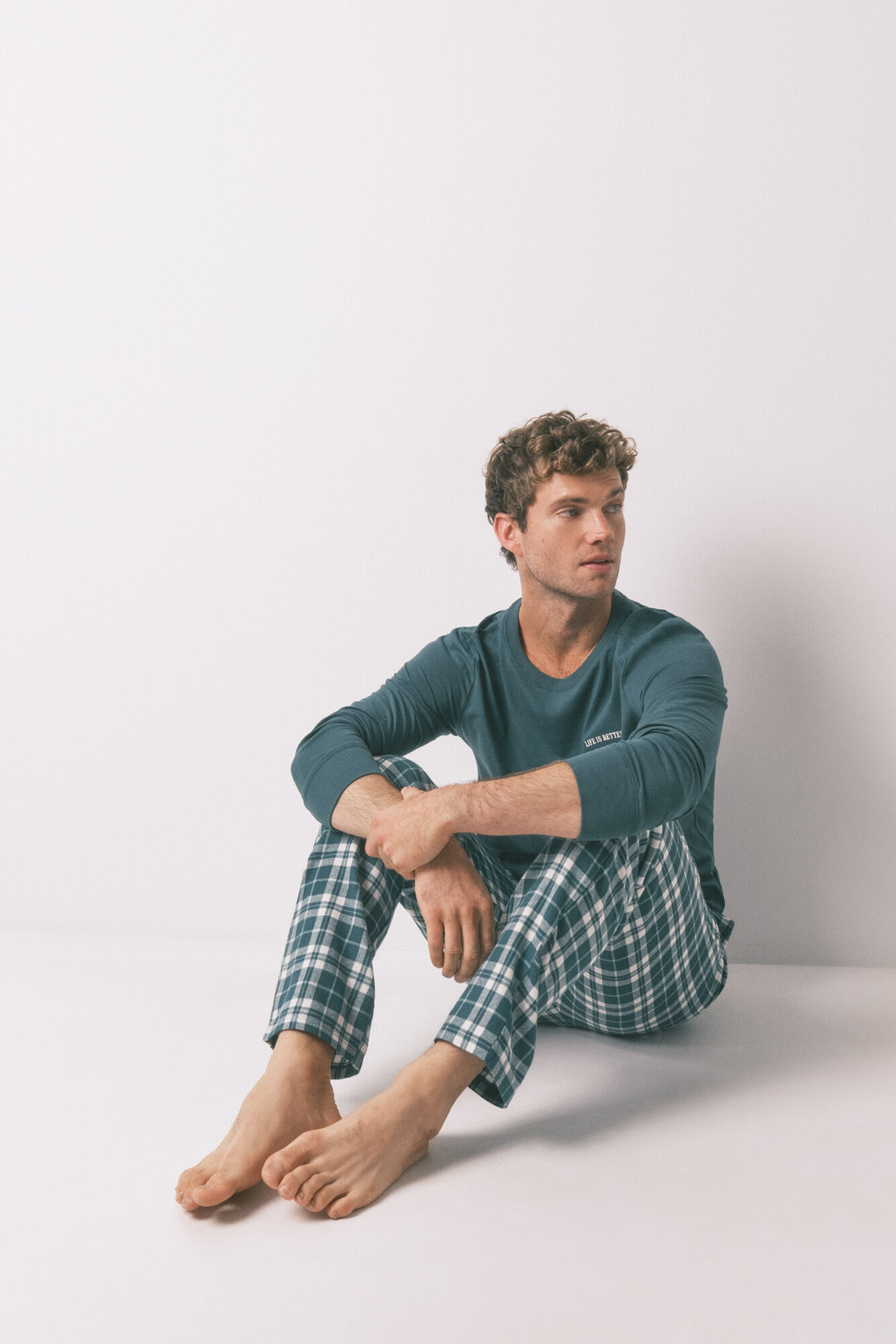 Women'secret Pijama largo 100% algod&oacute;n cuadros verde