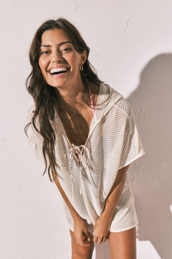 Women'secret Bež kratka mrežasta tunika sa kapuljačom Bež