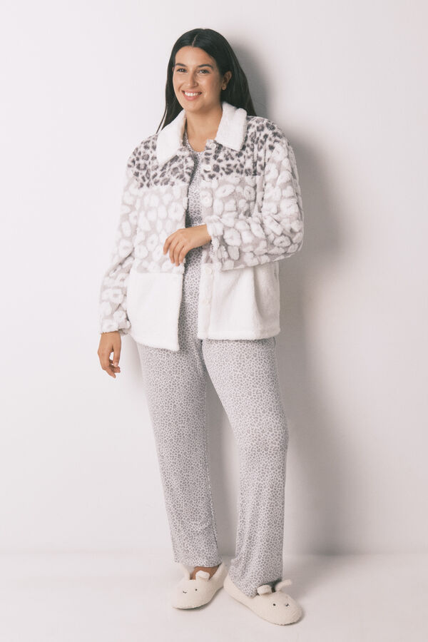 Women'secret Kratki ogrtač od jagnjećeg krzna u trobojnim životinjskim printom Bež