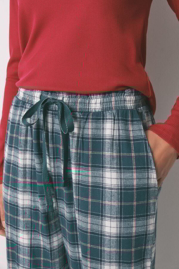 Women'secret Duge pantalone od 100% pamučnog flanela, zeleni karirani dezen Print