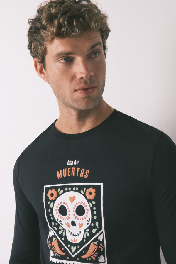 Women'secret Duga pidžama od 100% pamuka „Dan mrtvih“ u crnoj boji Crna