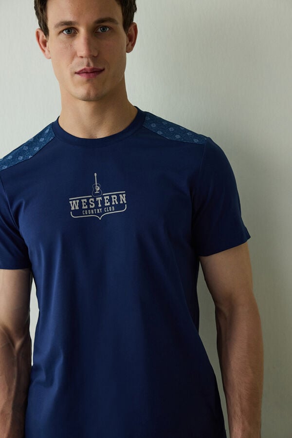 Penti Men's Western Slogan Short Sleeve Cotton Pajama Set blue