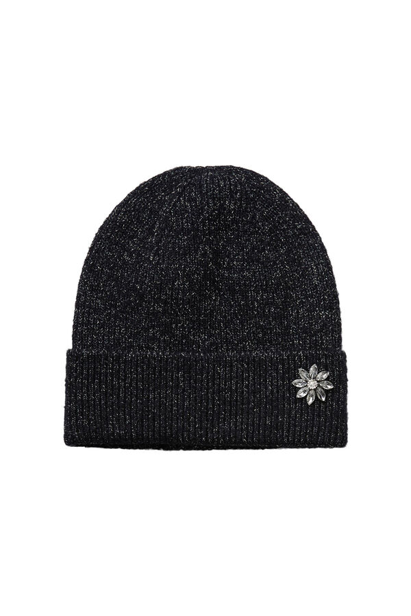 Womensecret Soft knit hat with lurex, a diamante flower on one side and a turn-up brim. szürke