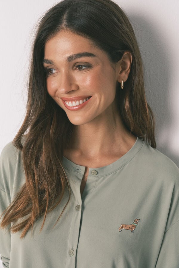 Women'secret Zelena mekano pletena duga pidžama sa printom pasa Zelena