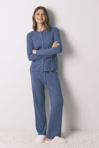 Women'secret Pijama largo canalé efecto brillo azul