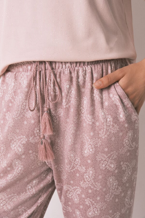 Women'secret Duge tople pleten pantalone u nežno ružičastom pejsli uzorku Roze