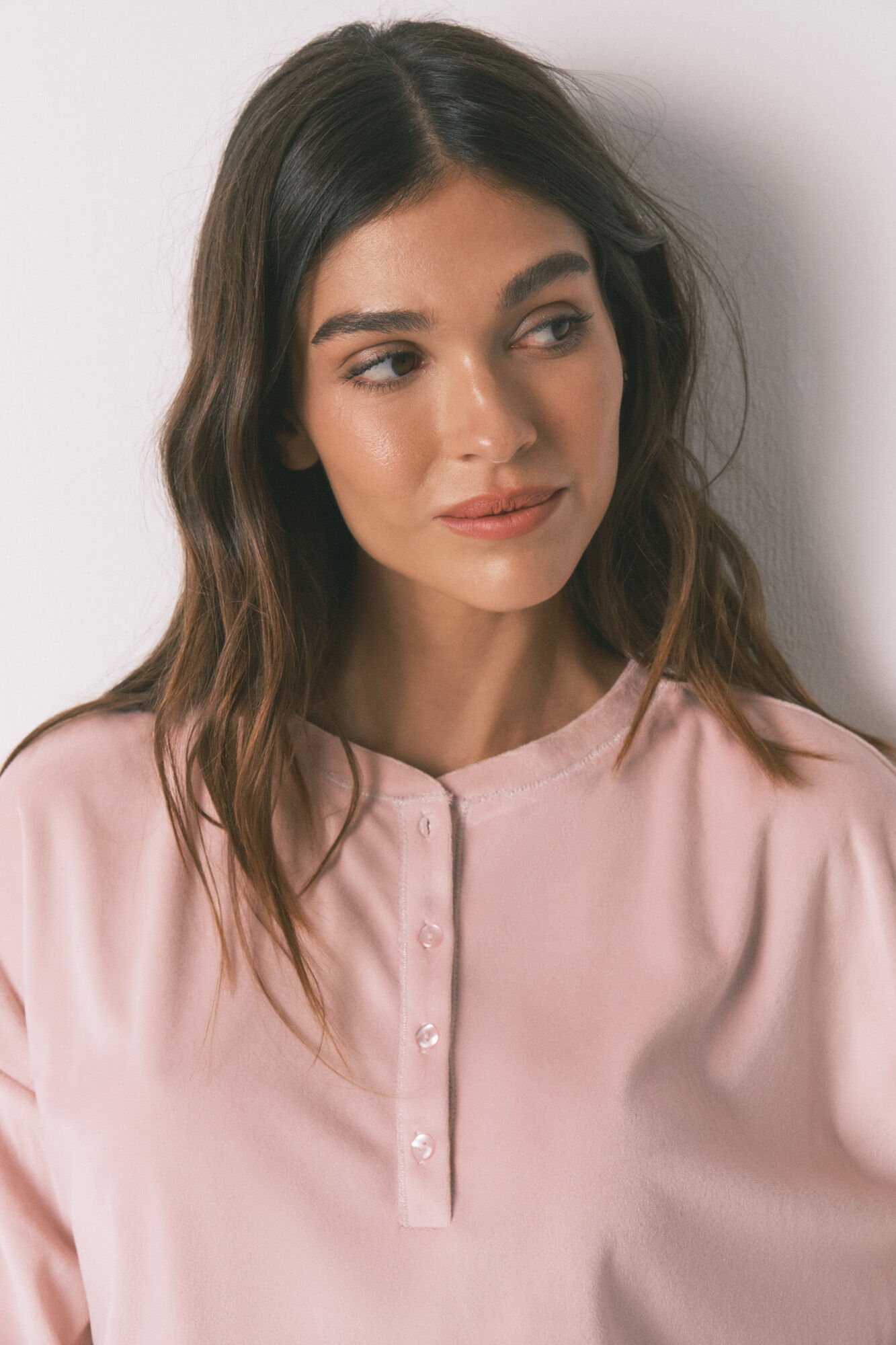 Women'secret Pijama largo polar suave cenefas rosa