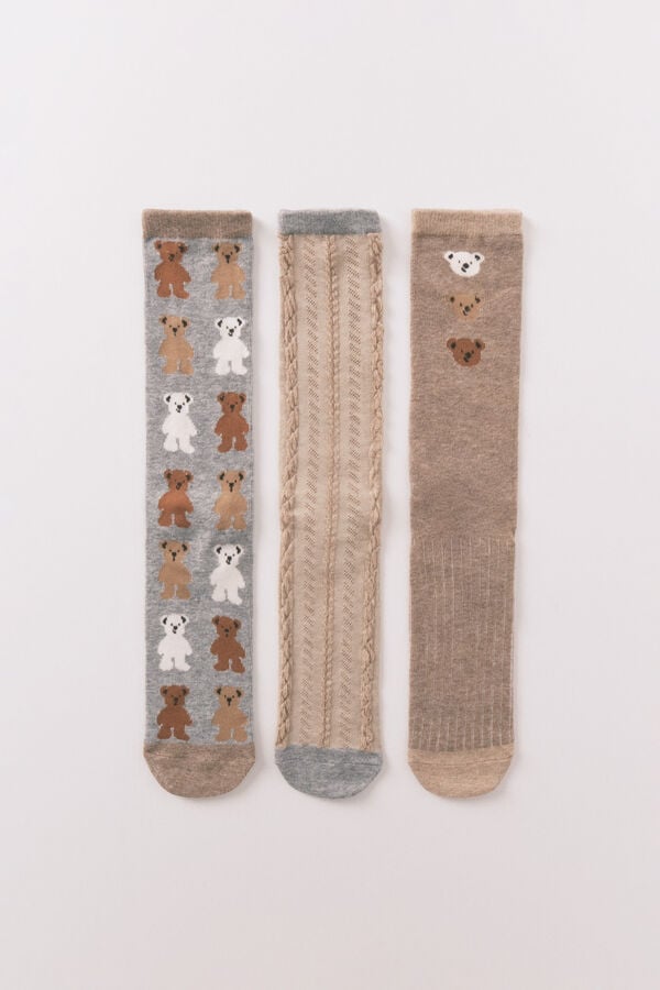 Women'secret Paket od 3 duge pamučne čarape sa medvedićima  Bež