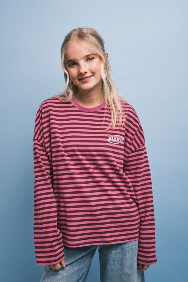 HI&BYE Roze pamučna majica na pruge Roze