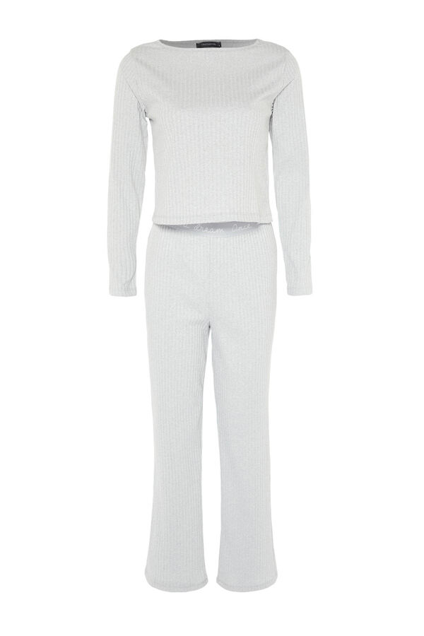 Trendyol Ribbed pyjamas set with elastic details and slogan in grey  Siva