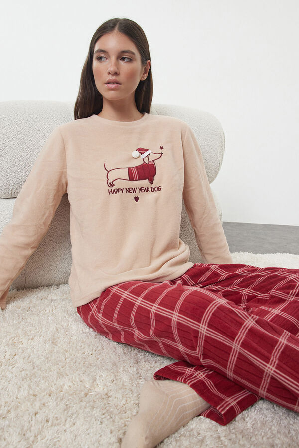 Trendyol Plaid Christmas Print Fleece Winter Pyjamas Set   pink