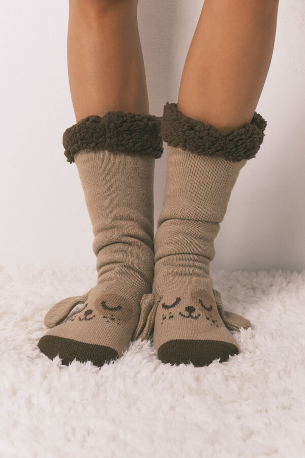 Women'secret Smeđe trikotažne dugačke čarape sa printom pasa Bež