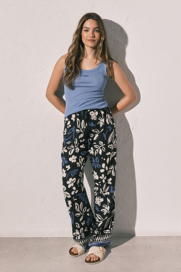 Women'secret Plave duge pantalone sa cvetnim printom Print